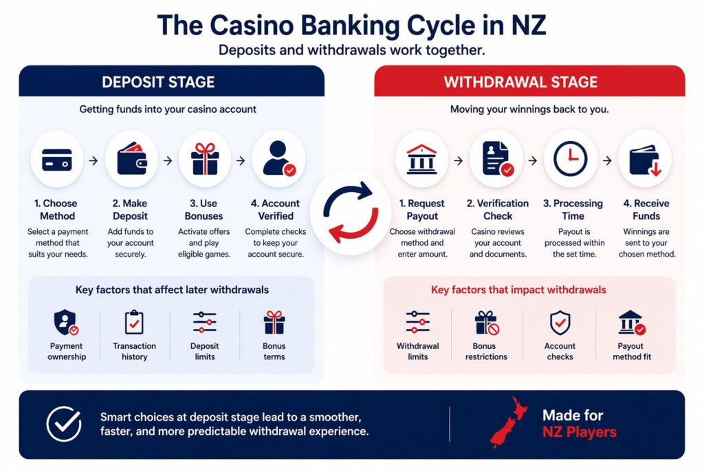 The casino banking cycle in NZ comparison of deposit stage and withdrawal stage for smoother payouts
