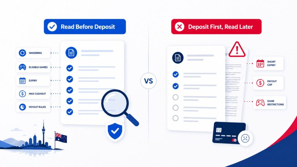 Read before deposit vs deposit first in NZ comparison for casino bonus terms payout caps expiry and game restrictions