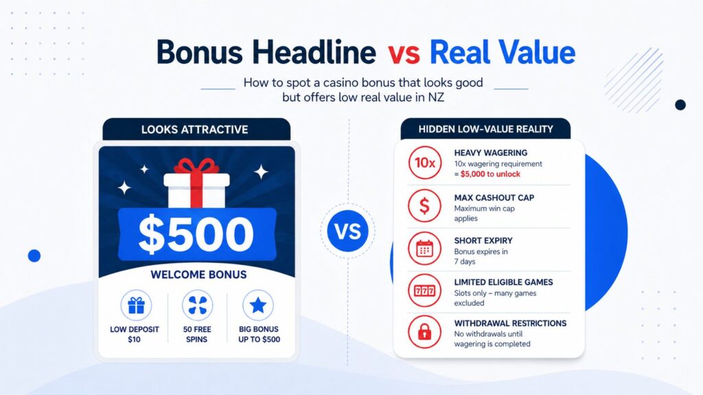 Bonus headline vs real value in NZ comparison showing how attractive casino bonuses can hide restrictive terms