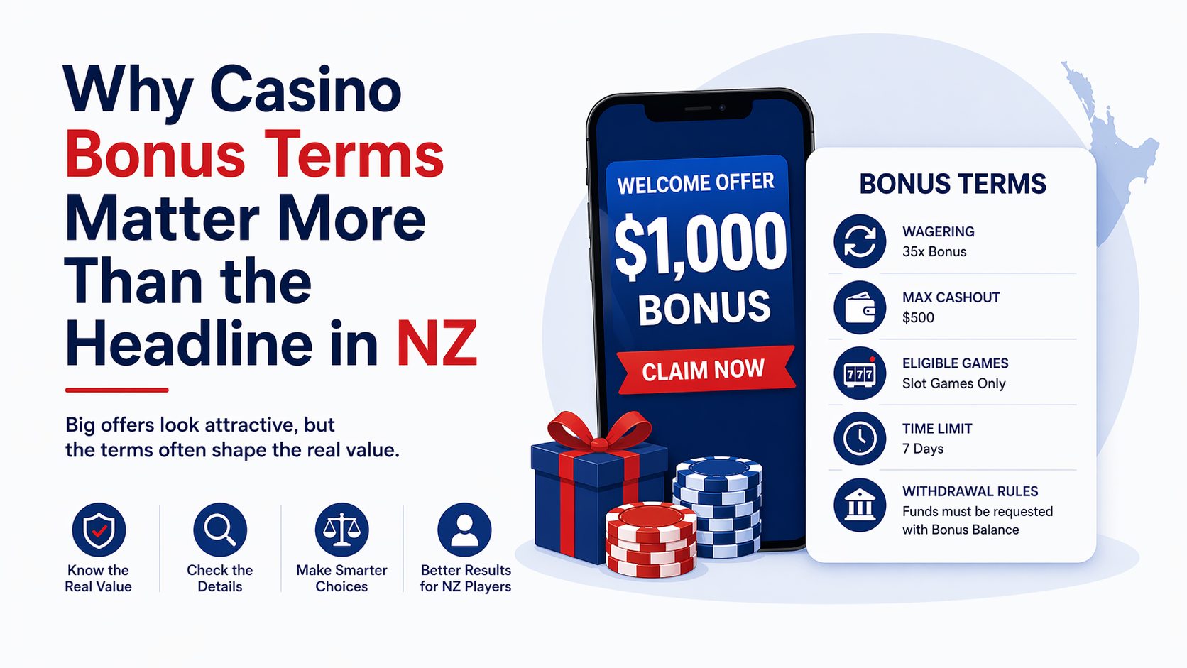 Why casino bonus terms matter more than the headline in NZ guide for wagering max cashout and withdrawal rules