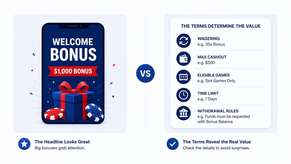 Casino bonus headline vs bonus terms in NZ comparison for wagering max cashout eligible games and withdrawal rules
