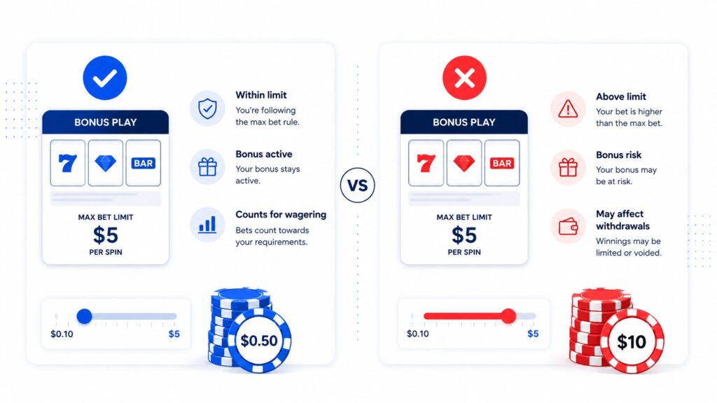 Within max bet limit vs above max bet limit comparison for casino bonuses in NZ and withdrawal risk