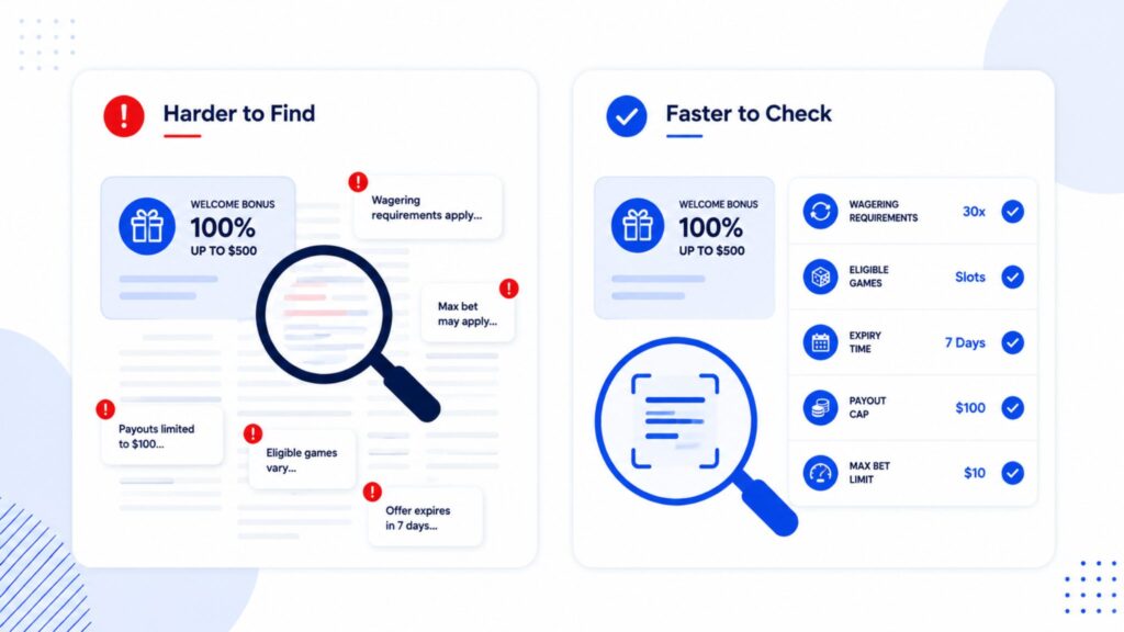 Harder to find vs faster to check bonus terms in NZ comparison for wagering expiry payout caps and max bet limits