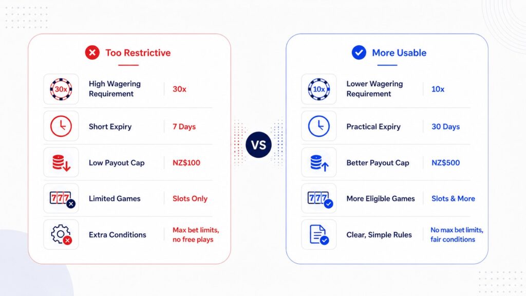 Restrictive bonus vs more usable bonus in NZ comparison for wagering expiry payout caps game limits and bonus rules