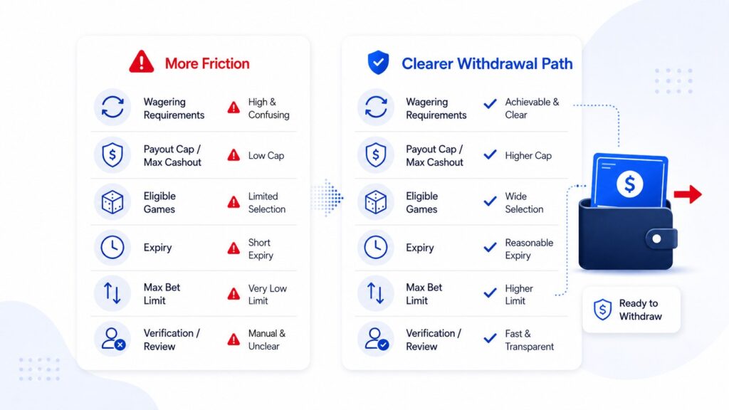 Better withdrawal outcome vs more friction in NZ comparison for casino bonus terms wagering payout caps and bonus conditions